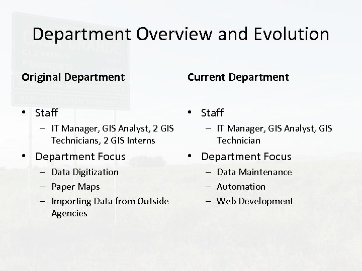 Department Overview and Evolution Original Department Current Department • Staff – IT Manager, GIS