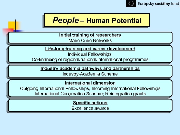 People – Human Potential Initial training of researchers Marie Curie Networks Life-long training and