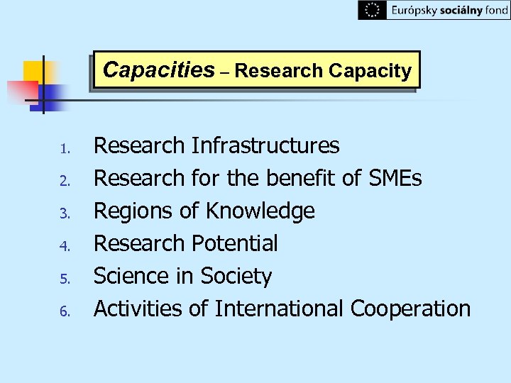 Capacities – Research Capacity 1. 2. 3. 4. 5. 6. Research Infrastructures Research for