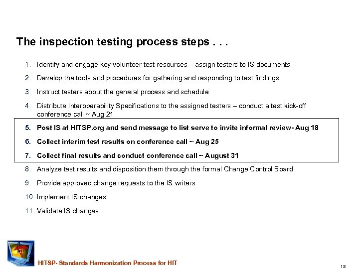 The inspection testing process steps. . . 1. Identify and engage key volunteer test