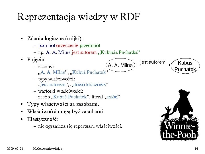 Reprezentacja wiedzy w RDF • Zdania logiczne (trójki): – podmiot orzeczenie przedmiot – np.