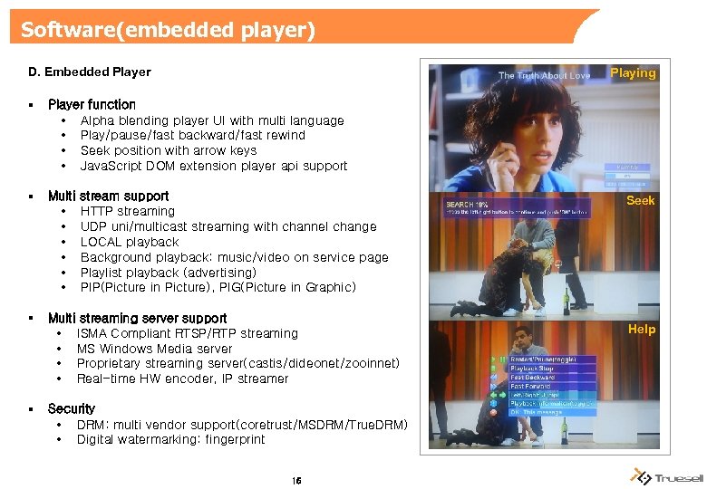 Software(embedded player) D. Embedded Player Playing § Player function • Alpha blending player UI