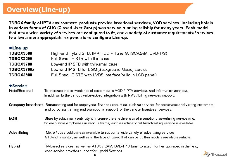 Overview(Line-up) TSBOX family of IPTV environment products provide broadcast services, VOD services. including hotels