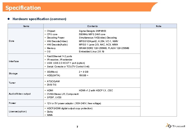 Specification l Hardware specification (common) Items Contents Chipset Sigma Designs SMP 8653 500 MHz