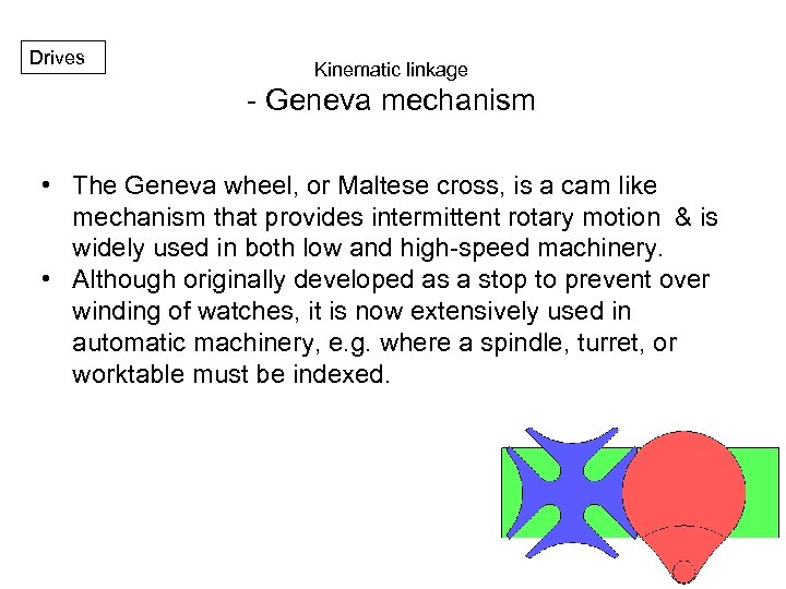 Drives Kinematic linkage - Geneva mechanism • The Geneva wheel, or Maltese cross, is