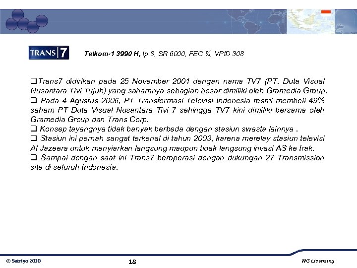 Telkom-1 3990 H, tp 8, SR 6000, FEC ¾, VPID 308 q. Trans 7