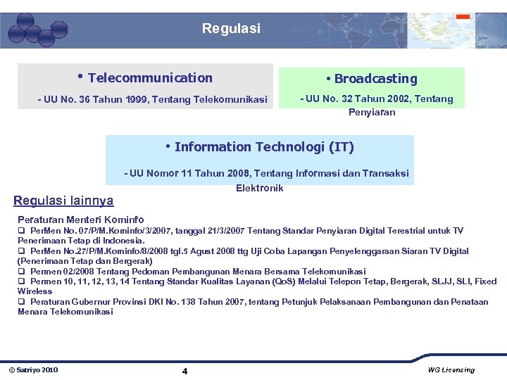 Regulasi • Telecommunication - UU No. 36 Tahun 1999, Tentang Telekomunikasi • Broadcasting -