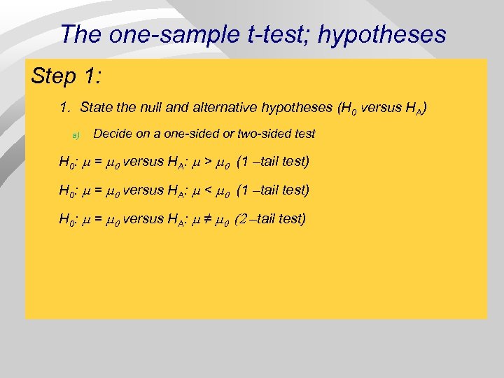 The one-sample t-test; hypotheses Step 1: 1. State the null and alternative hypotheses (H