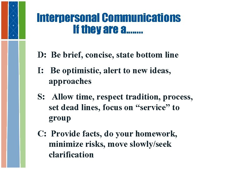 Interpersonal Communications If they are a……. . D: Be brief, concise, state bottom line