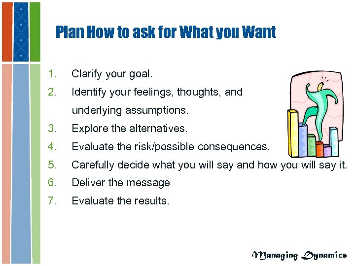 Plan How to ask for What you Want 1. Clarify your goal. 2. Identify