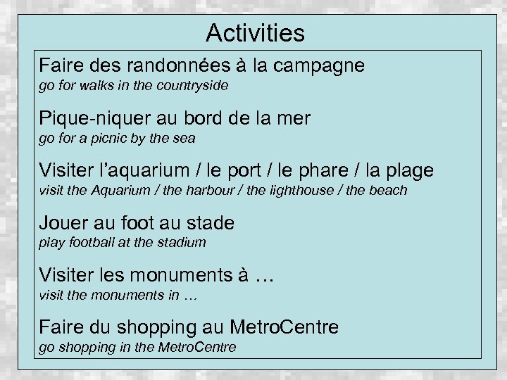 Activities Faire des randonnées à la campagne go for walks in the countryside Pique-niquer