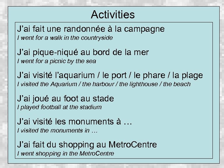 Activities J’ai fait une randonnée à la campagne I went for a walk in
