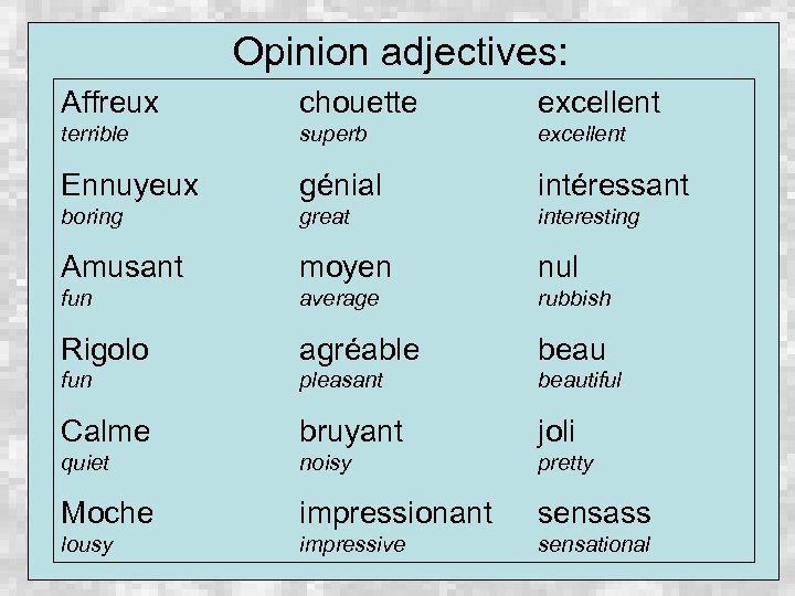 Opinion adjectives: Affreux chouette excellent terrible superb excellent Ennuyeux génial intéressant boring great interesting