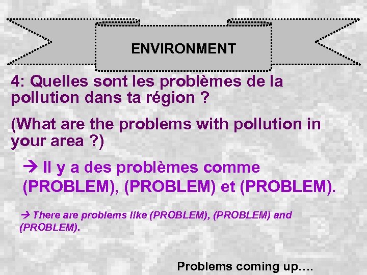 ENVIRONMENT 4: Quelles sont les problèmes de la pollution dans ta région ? (What