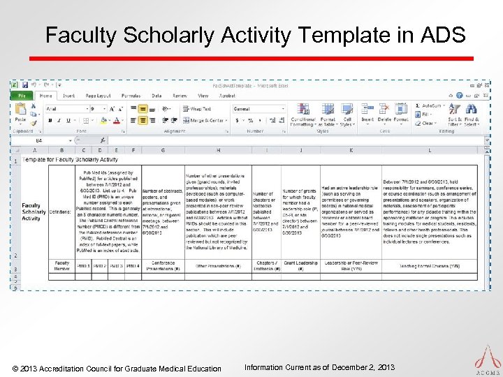 Faculty Scholarly Activity Template in ADS © 2013 Accreditation Council for Graduate Medical Education