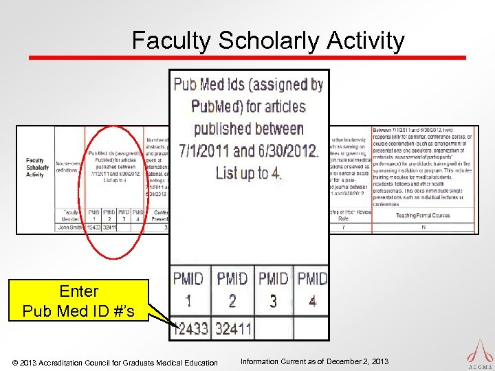 Faculty Scholarly Activity Enter Pub Med ID #’s © 2013 Accreditation Council for Graduate