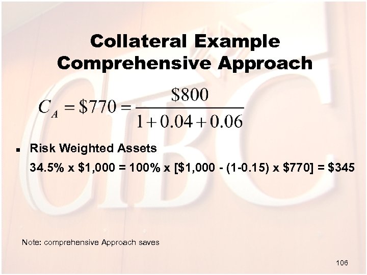 Collateral Example Comprehensive Approach n Risk Weighted Assets 34. 5% x $1, 000 =