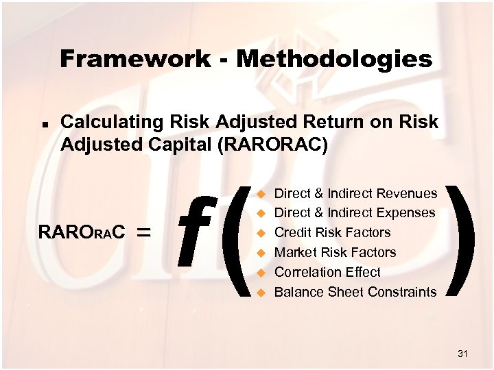 Framework - Methodologies n Calculating Risk Adjusted Return on Risk Adjusted Capital (RARORAC) RARORAC