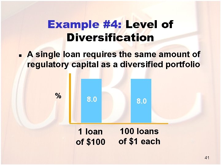 Example #4: Level of Diversification n A single loan requires the same amount of