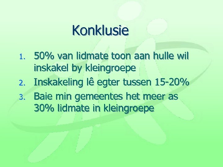 Konklusie 1. 2. 3. 50% van lidmate toon aan hulle wil inskakel by kleingroepe