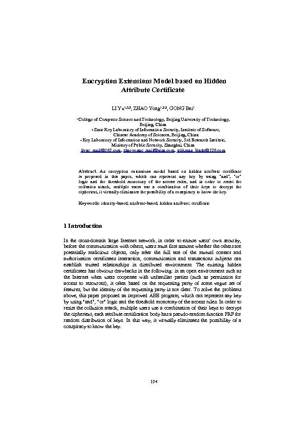 Encryption Extensions Model based on Hidden Attribute Certificate LI Yu 1, 2, 3, ZHAO