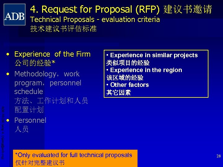 4. Request for Proposal (RFP) 建议书邀请 Technical Proposals - evaluation criteria 技术建议书评估标准 ADB PRCM