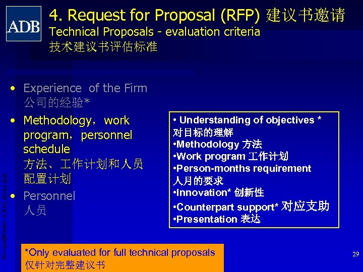 4. Request for Proposal (RFP) 建议书邀请 Technical Proposals - evaluation criteria 技术建议书评估标准 ADB PRCM
