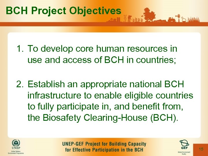 BCH Project Objectives 1. To develop core human resources in use and access of