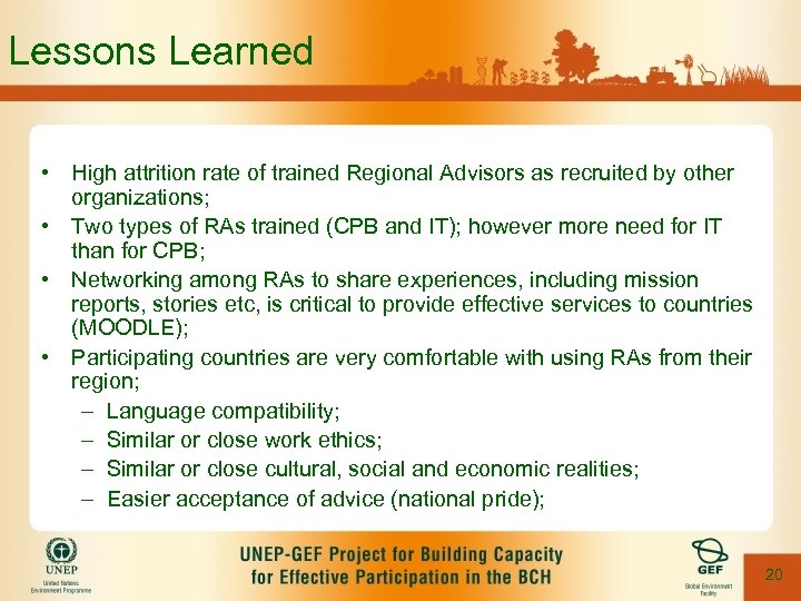 Lessons Learned • High attrition rate of trained Regional Advisors as recruited by other