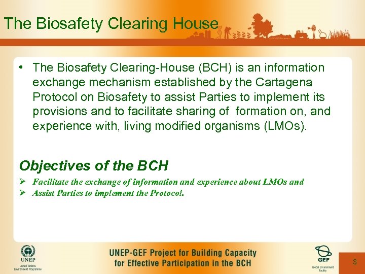 The Biosafety Clearing House • The Biosafety Clearing-House (BCH) is an information exchange mechanism