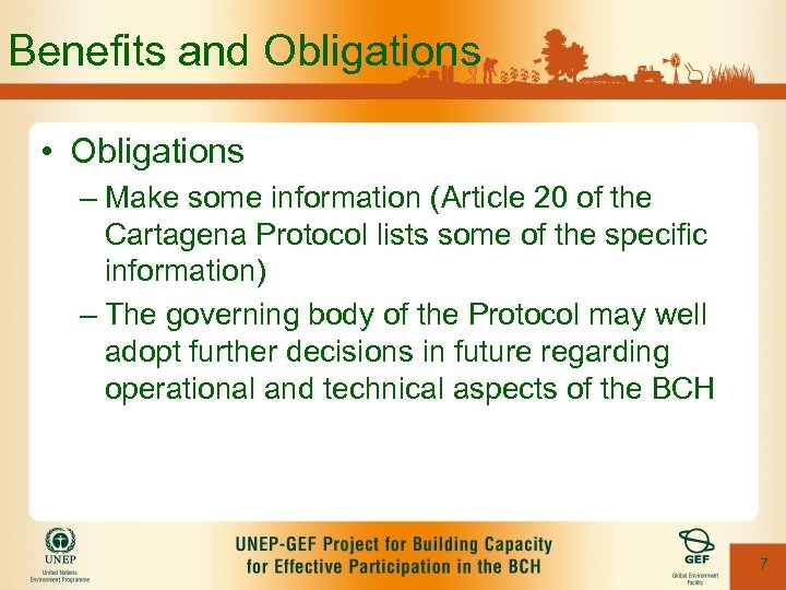 Benefits and Obligations • Obligations – Make some information (Article 20 of the Cartagena