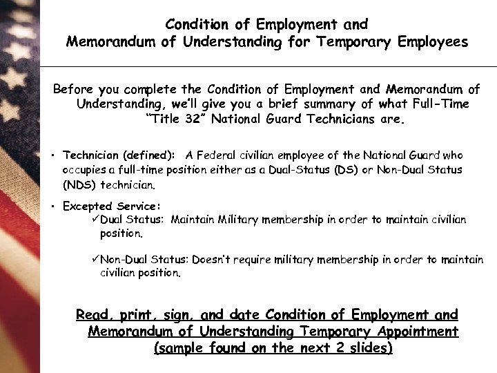 Condition of Employment and Memorandum of Understanding for Temporary Employees Before you complete the