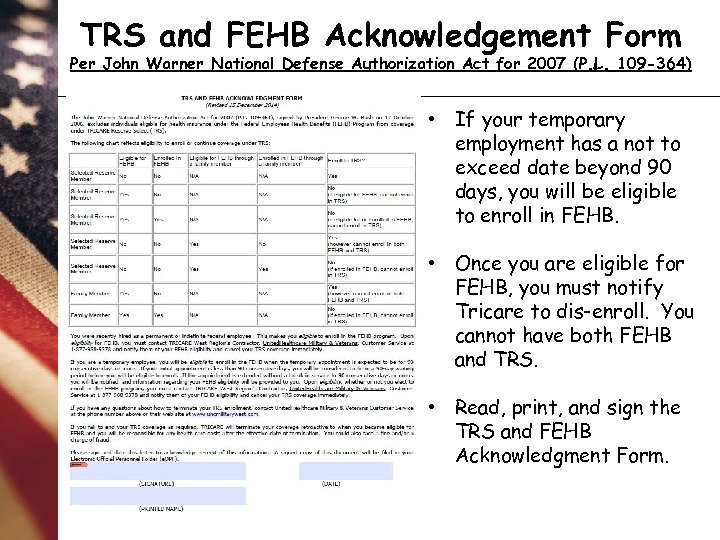 TRS and FEHB Acknowledgement Form Per John Warner National Defense Authorization Act for 2007