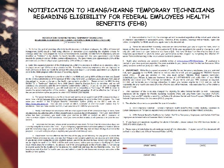 NOTIFICATION TO HIANG/HIARNG TEMPORARY TECHNICIANS REGARDING ELIGIBILITY FOR FEDERAL EMPLOYEES HEALTH BENEFITS (FEHB) 