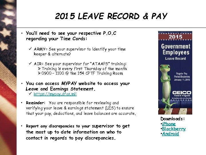 2015 LEAVE RECORD & PAY • You’ll need to see your respective P. O.