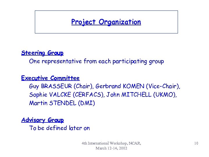 Project Organization Steering Group One representative from each participating group Executive Committee Guy BRASSEUR