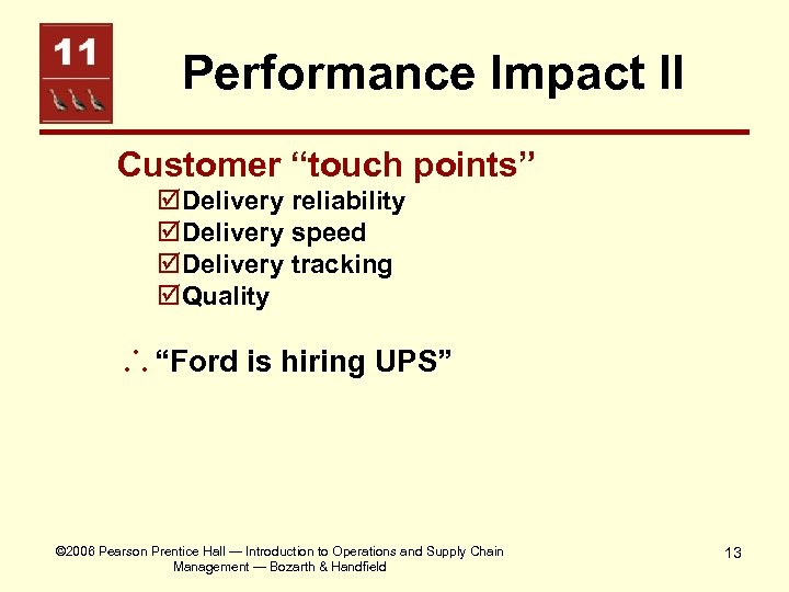 Performance Impact II Customer “touch points” þDelivery reliability þDelivery speed þDelivery tracking þQuality “Ford