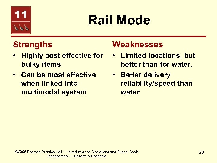 Rail Mode Strengths Weaknesses • Highly cost effective for bulky items • Can be