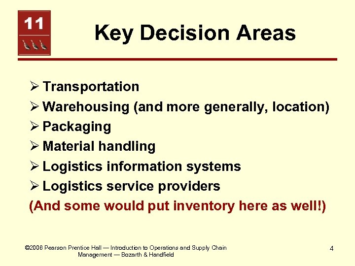 Key Decision Areas Ø Transportation Ø Warehousing (and more generally, location) Ø Packaging Ø