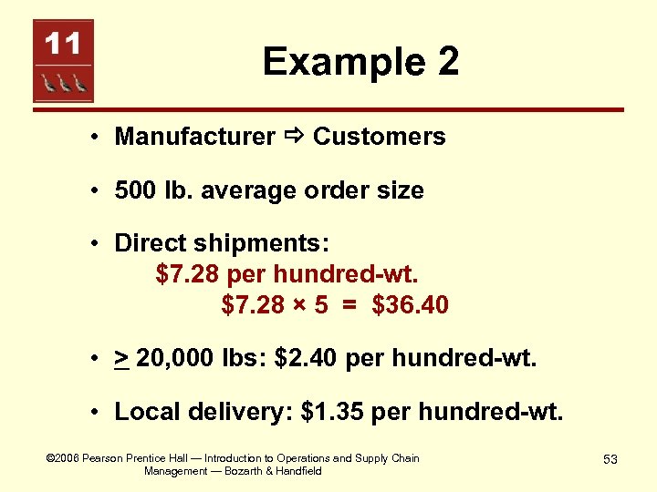 Example 2 • Manufacturer Customers • 500 lb. average order size • Direct shipments: