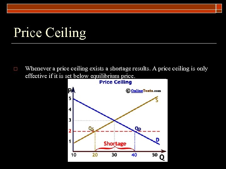 Price Ceiling o Whenever a price ceiling exists a shortage results. A price ceiling