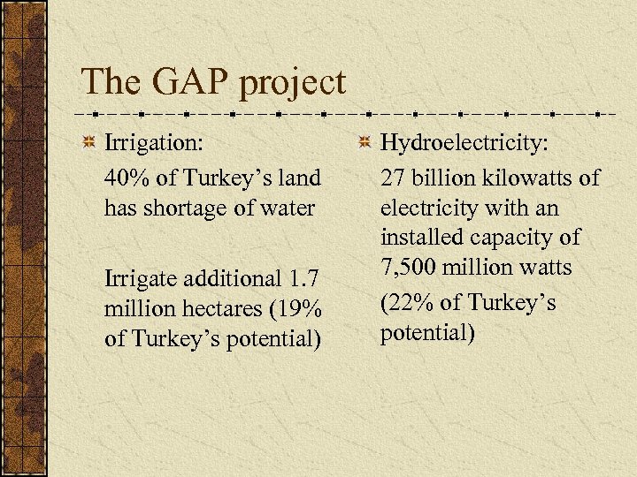 The GAP project Irrigation: 40% of Turkey’s land has shortage of water Irrigate additional