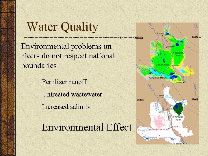 Water Quality Environmental problems on rivers do not respect national boundaries Fertilizer runoff Untreated