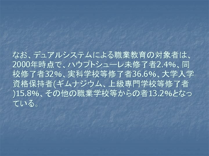 なお、デュアルシステムによる職業教育の対象者は、 2000年時点で、ハウプトシューレ未修了者2. 4％、同 校修了者32％、実科学校等修了者36. 6％、大学入学 資格保持者(ギムナジウム、上級専門学校等修了者 )15. 8％、その他の職業学校等からの者13. 2％となっ ている。 