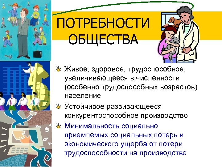 ПОТРЕБНОСТИ ОБЩЕСТВА Живое, здоровое, трудоспособное, увеличивающееся в численности (особенно трудоспособных возрастов) население Устойчивое развивающееся