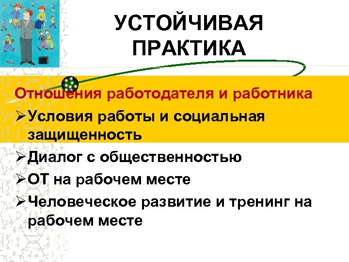 УСТОЙЧИВАЯ ПРАКТИКА Отношения работодателя и работника Ø Условия работы и социальная защищенность Ø Диалог