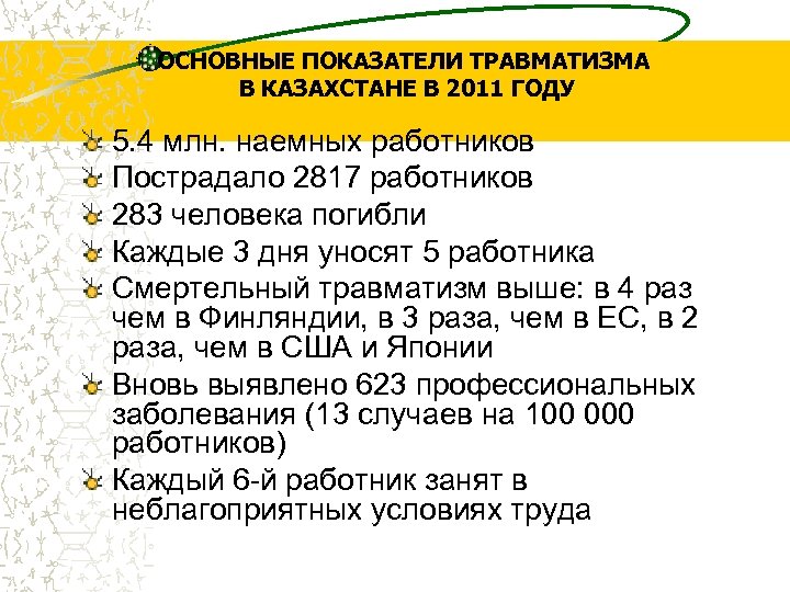 ОСНОВНЫЕ ПОКАЗАТЕЛИ ТРАВМАТИЗМА В КАЗАХСТАНЕ В 2011 ГОДУ 5. 4 млн. наемных работников Пострадало