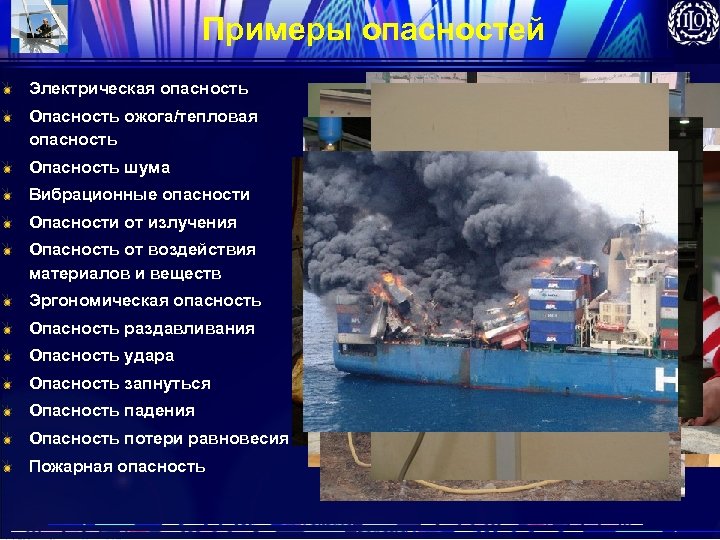 Примеры опасностей Электрическая опасность Опасность ожога/тепловая опасность Опасность шума Вибрационные опасности Опасности от излучения
