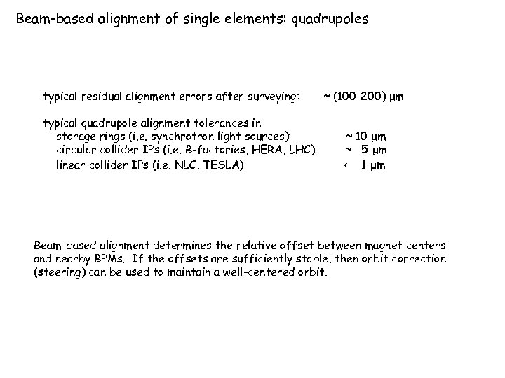 Beam-based alignment of single elements: quadrupoles typical residual alignment errors after surveying: typical quadrupole