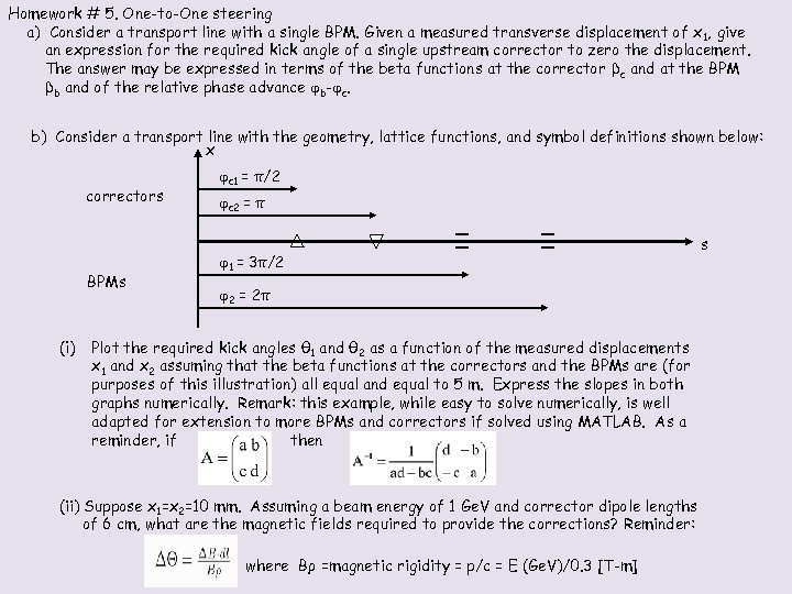 Homework # 5. One-to-One steering a) Consider a transport line with a single BPM.